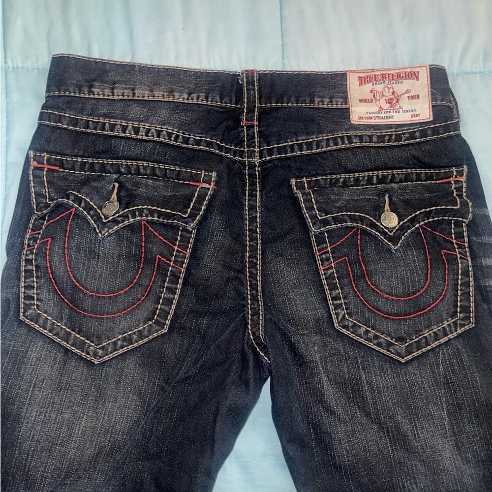 True Religion Dark Wash Flap Jeans with Red Big T Stitching